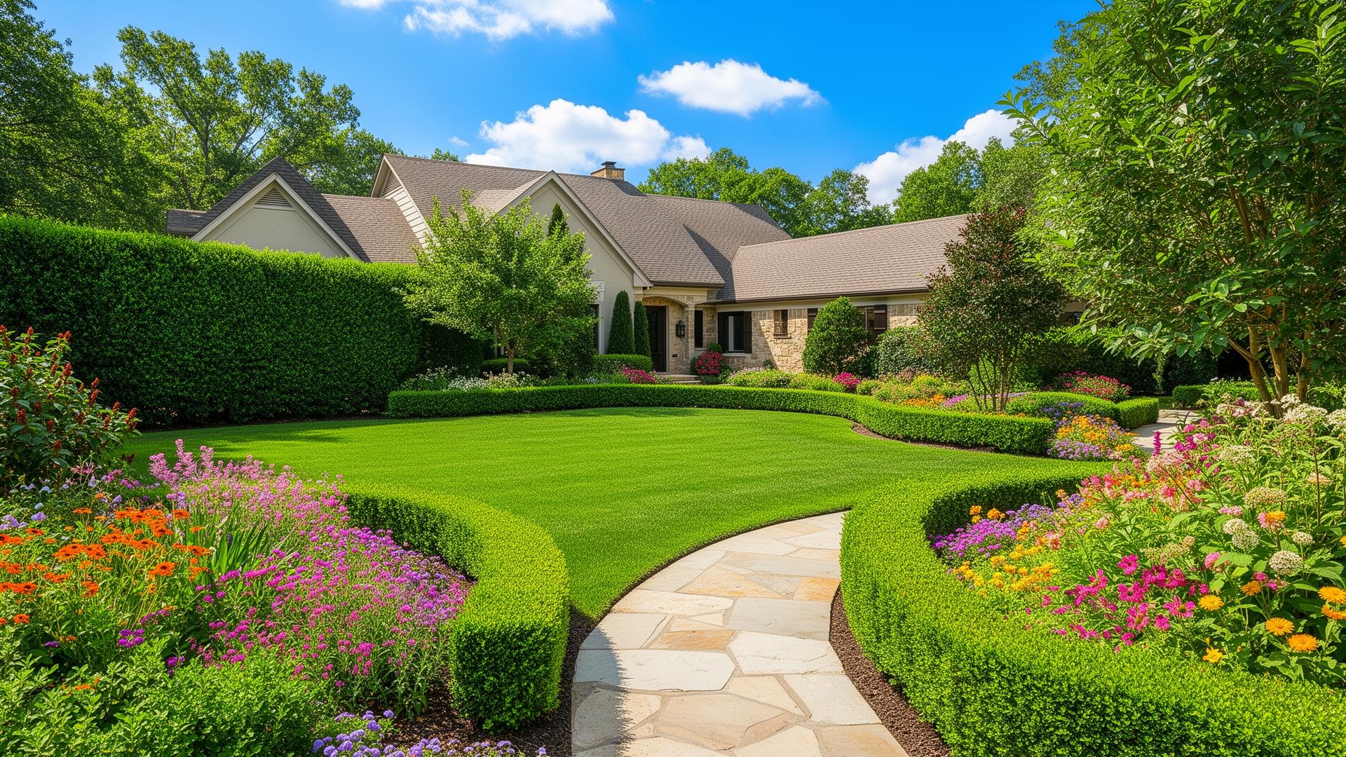 Beautiful landscaped yard with lush green lawn and colorful flowers